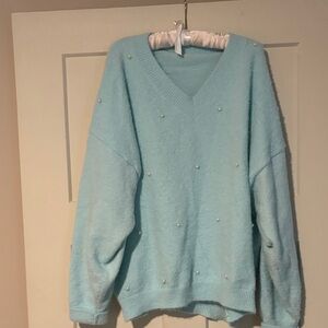 Women's Light Blue Sweater with Pearl Accents